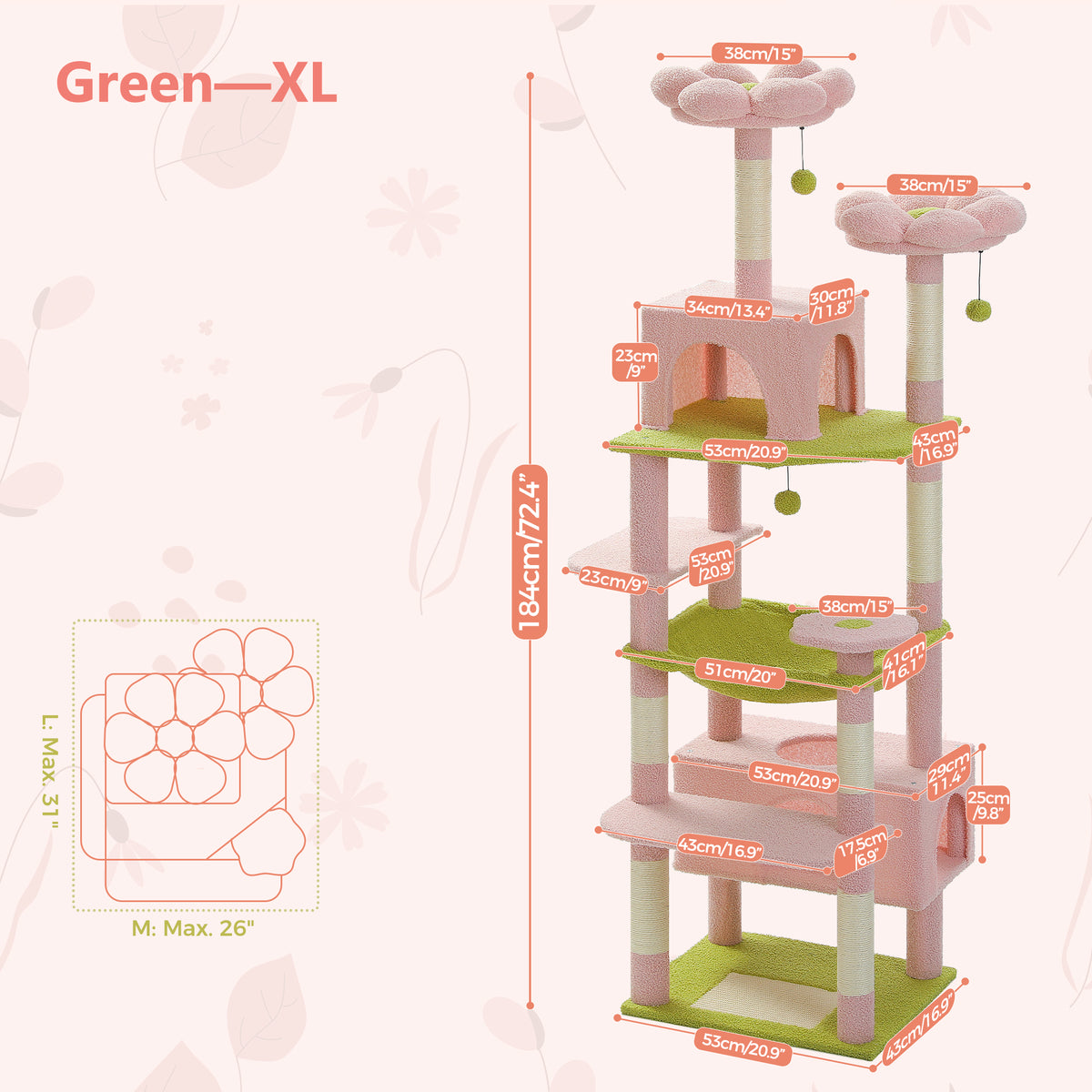 184 cm Floral Cat Tree with 3-Door Condo, XL Hammock, Sisal Scratch Posts & Flower Beds
