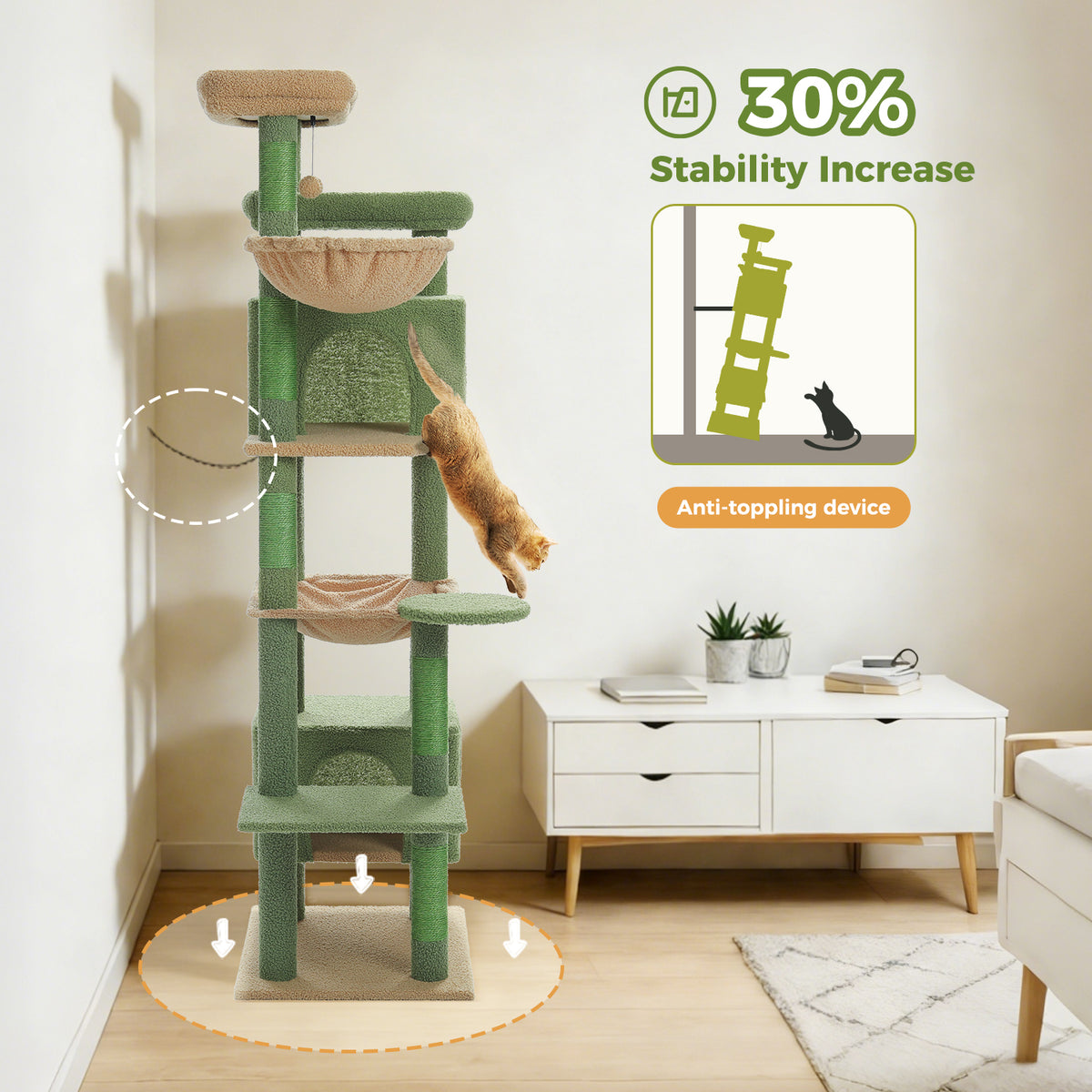 5-Tier Cat Tree with 2 Condos, Hammock, Sisal Scratching Posts & Wall Anchor – Green, 175 cm