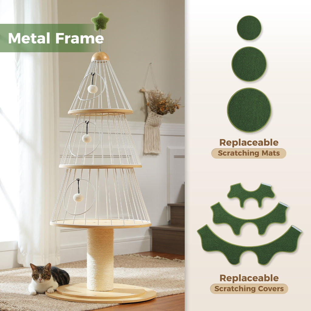 Green Christmas Tree Cat Tower, 130 cm Tall with 3 Platforms, Metal Frame, Sisal Scratching Post & 10 DIY Ornaments