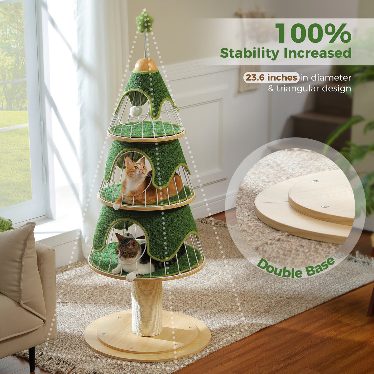 Green Christmas Tree Cat Tower, 130 cm Tall with 3 Platforms, Metal Frame, Sisal Scratching Post & 10 DIY Ornaments