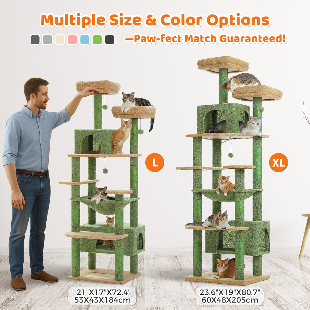 XL 205 cm Multi-Cat Tree with 2 Condos, Steel-Framed Hammock & Sisal Scratch Posts – Green