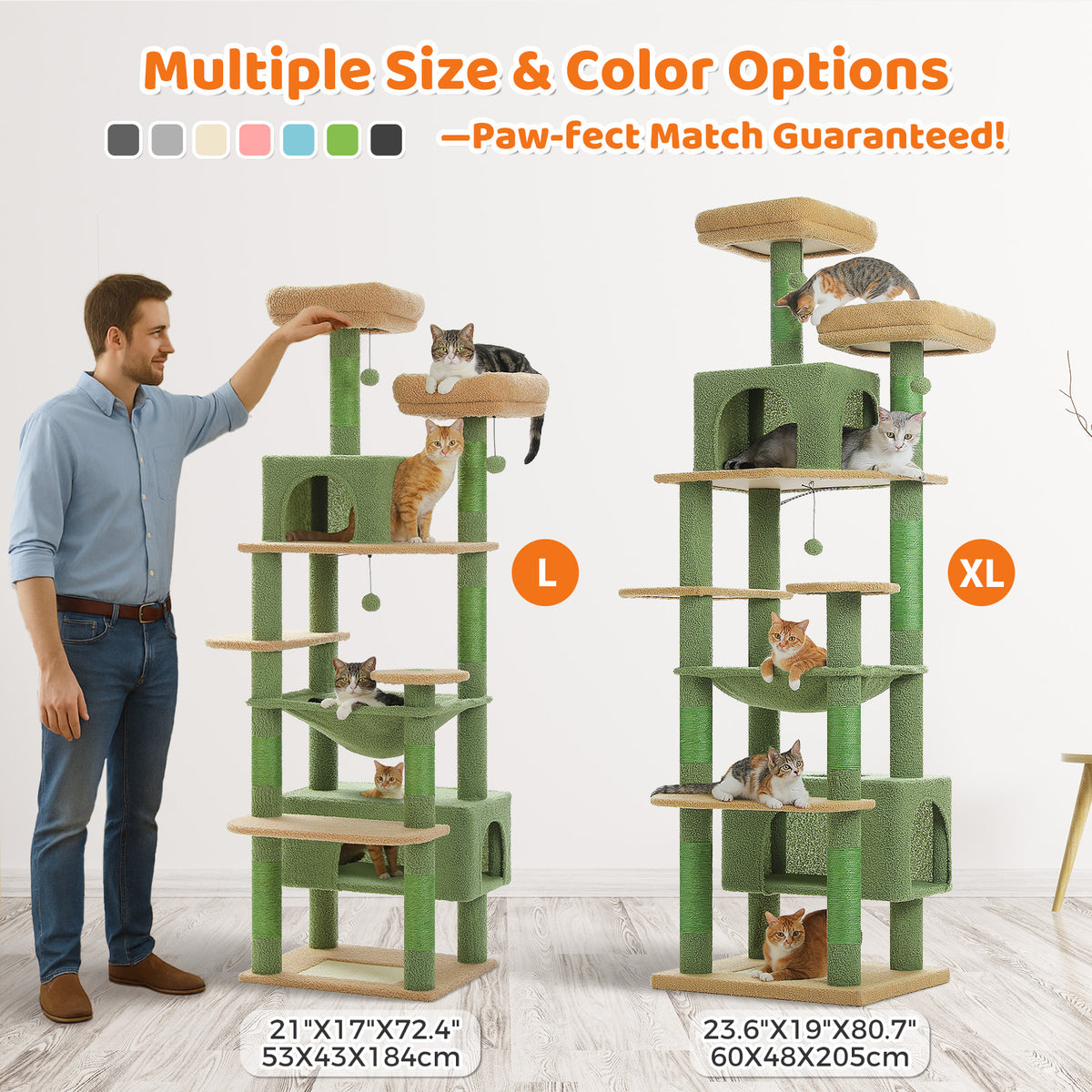 XL 205 cm Multi-Cat Tree with 2 Condos, Steel-Framed Hammock & Sisal Scratch Posts – Green