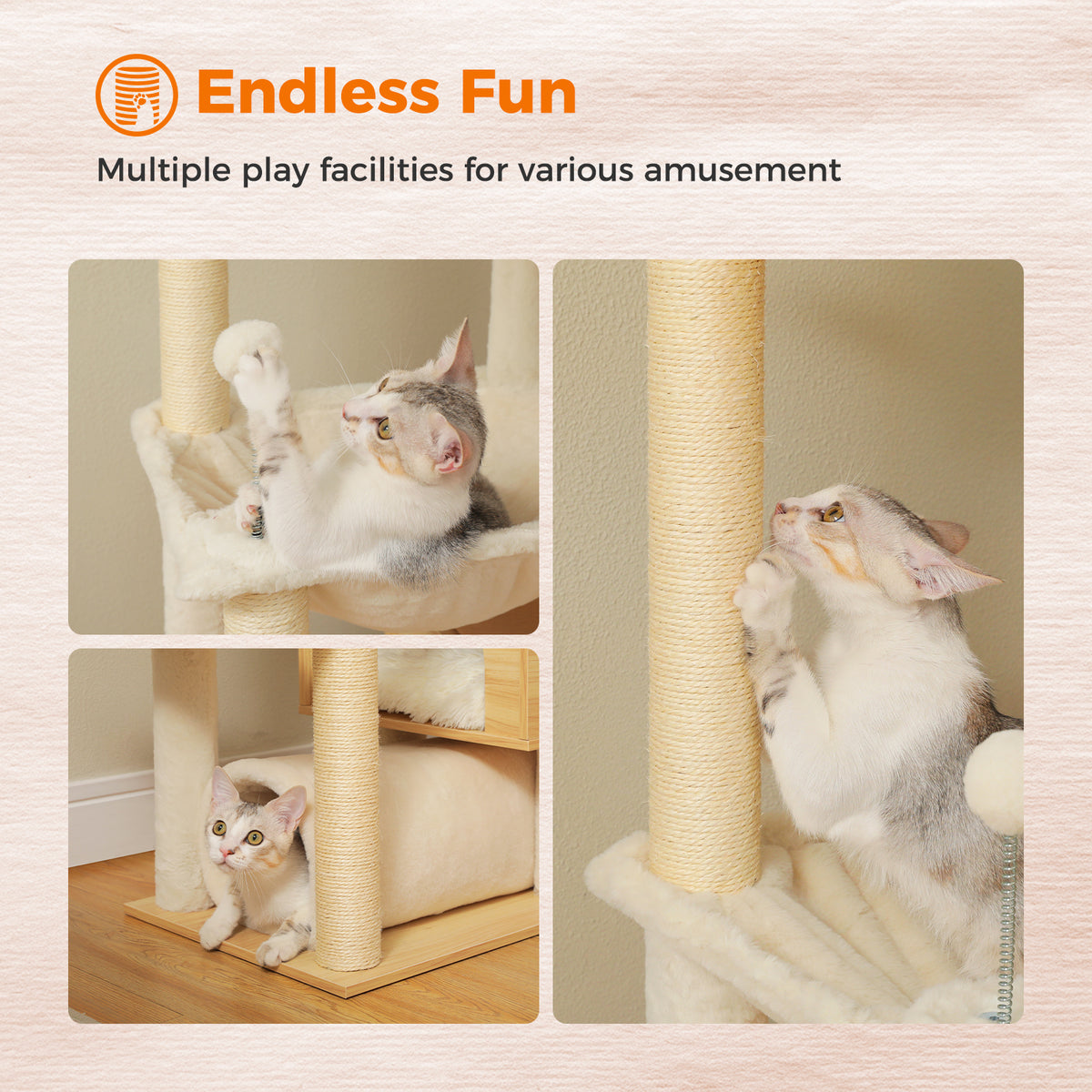 Adjustable Floor-to-Ceiling Cat Tree, 237–256 cm / 93.3–100.8 in, with Acrylic Bowl, Condo & Sisal Posts