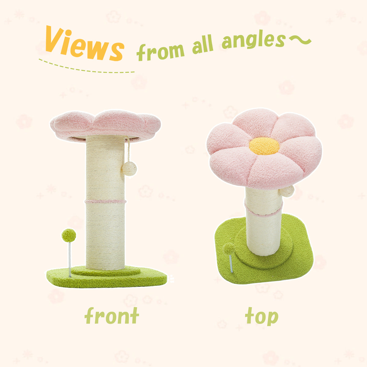 Pink Flower Cat Scratching Post with Detachable Washable Perch, 60 cm Tall Sisal Scratcher & Two Interactive Toys