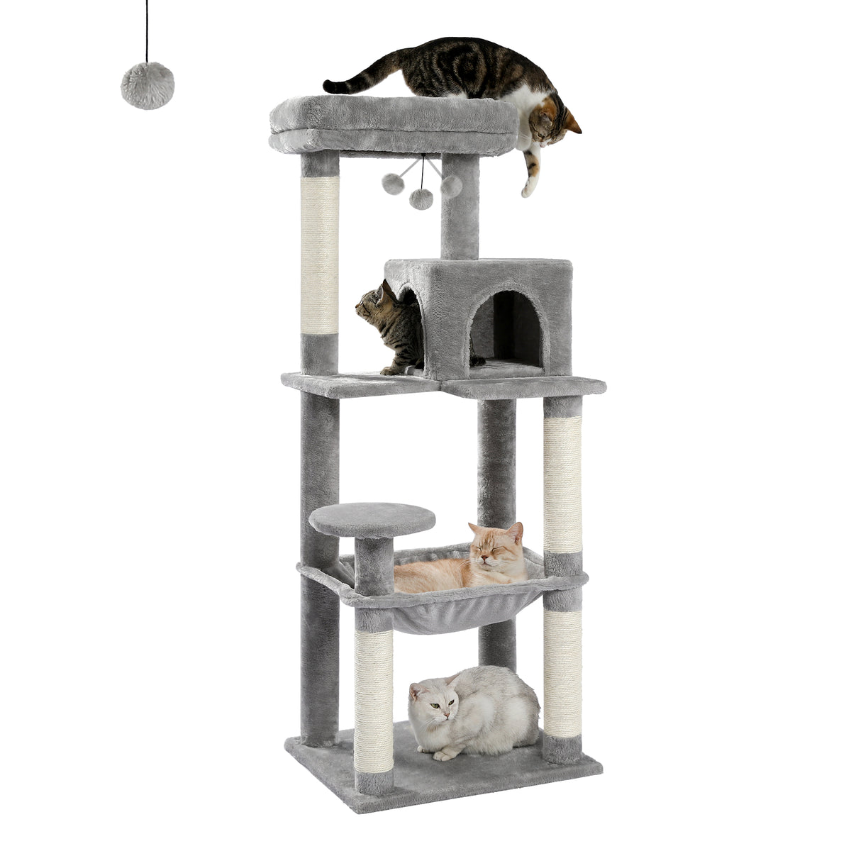 143 cm Tall Cat Tree with 4 Sisal Scratching Posts, Two-Door Cat Cave, Hammock & Washable Top Bed