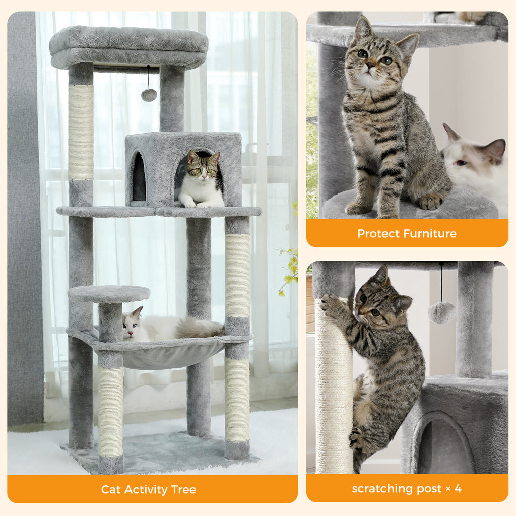 143 cm Tall Cat Tree with 4 Sisal Scratching Posts, Two-Door Cat Cave, Hammock & Washable Top Bed