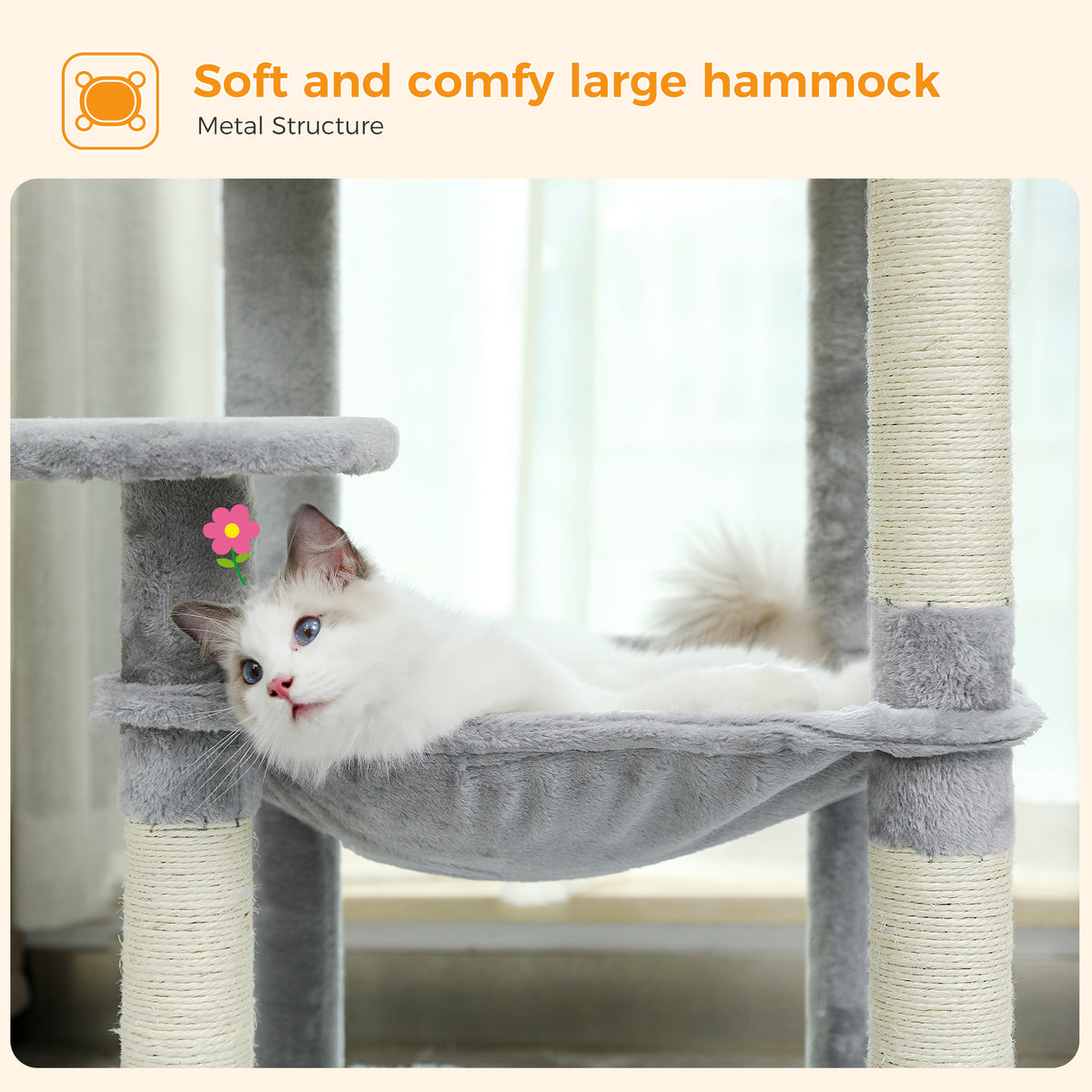 143 cm Tall Cat Tree with 4 Sisal Scratching Posts, Two-Door Cat Cave, Hammock & Washable Top Bed