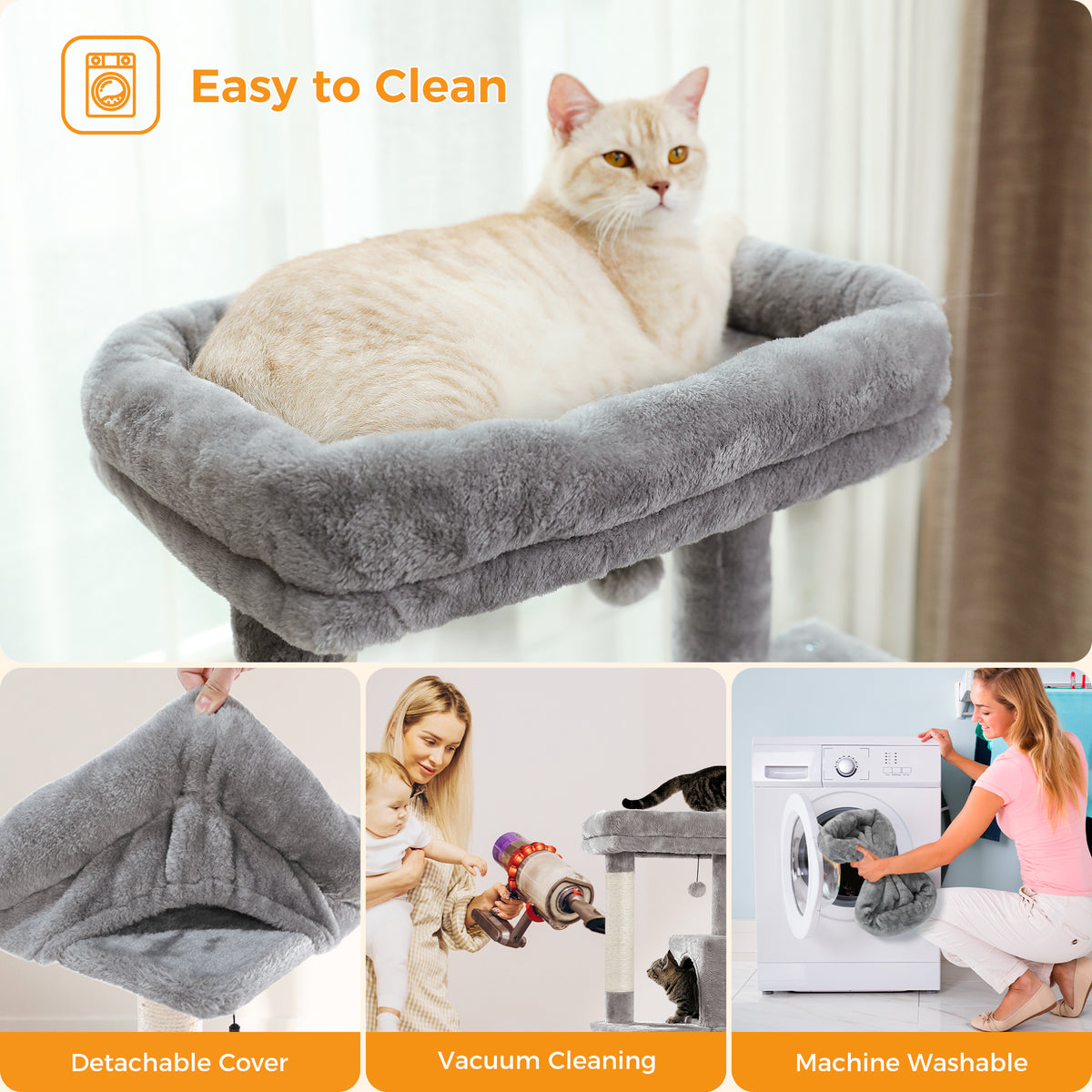 143 cm Tall Cat Tree with 4 Sisal Scratching Posts, Two-Door Cat Cave, Hammock & Washable Top Bed