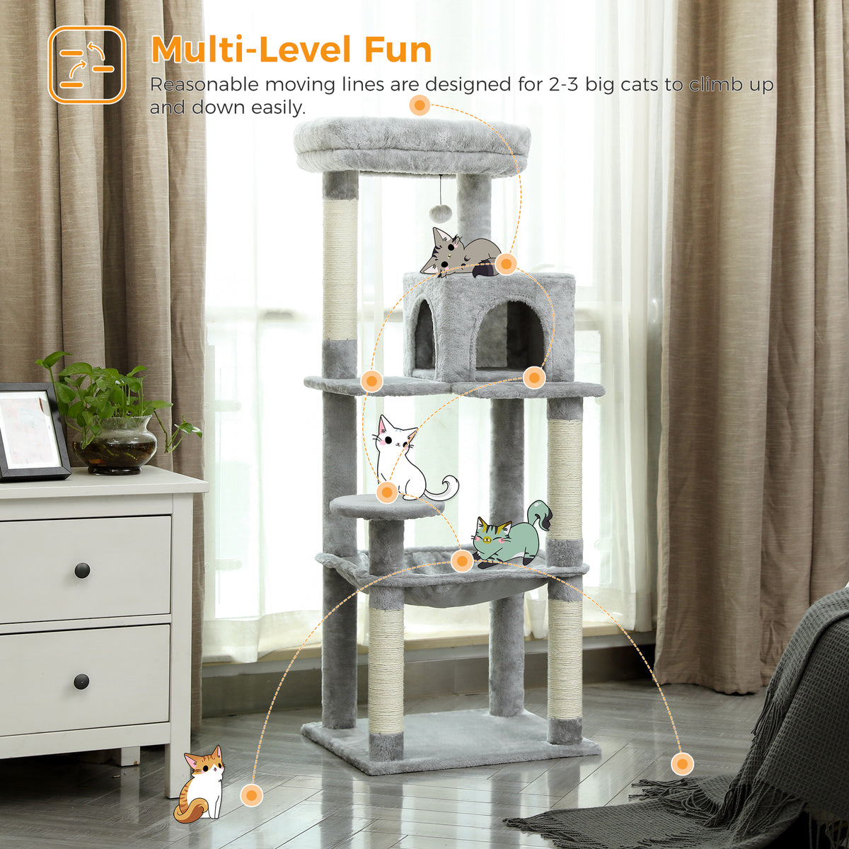 143 cm Tall Cat Tree with 4 Sisal Scratching Posts, Two-Door Cat Cave, Hammock & Washable Top Bed