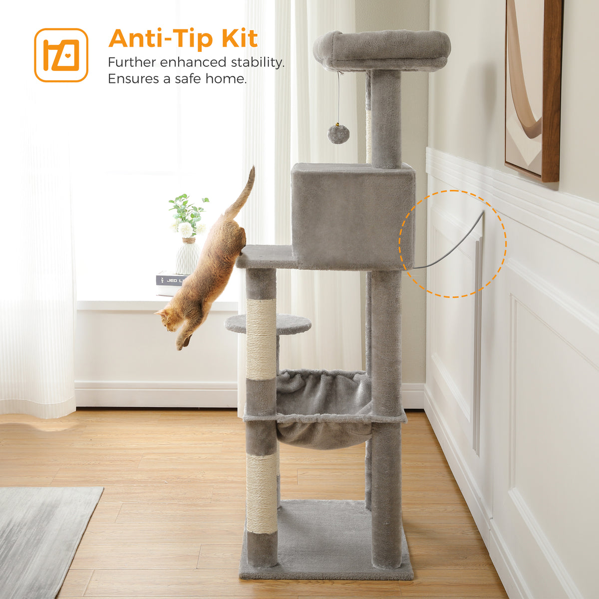 143 cm Tall Cat Tree with 4 Sisal Scratching Posts, Two-Door Cat Cave, Hammock & Washable Top Bed