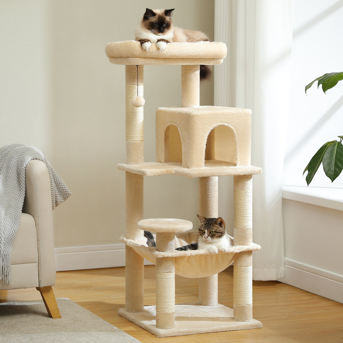 116 cm Multi-Level Cat Tree with Sisal Scratching Posts, Two-Door Cat Cave, Hammock & Washable Top Bed