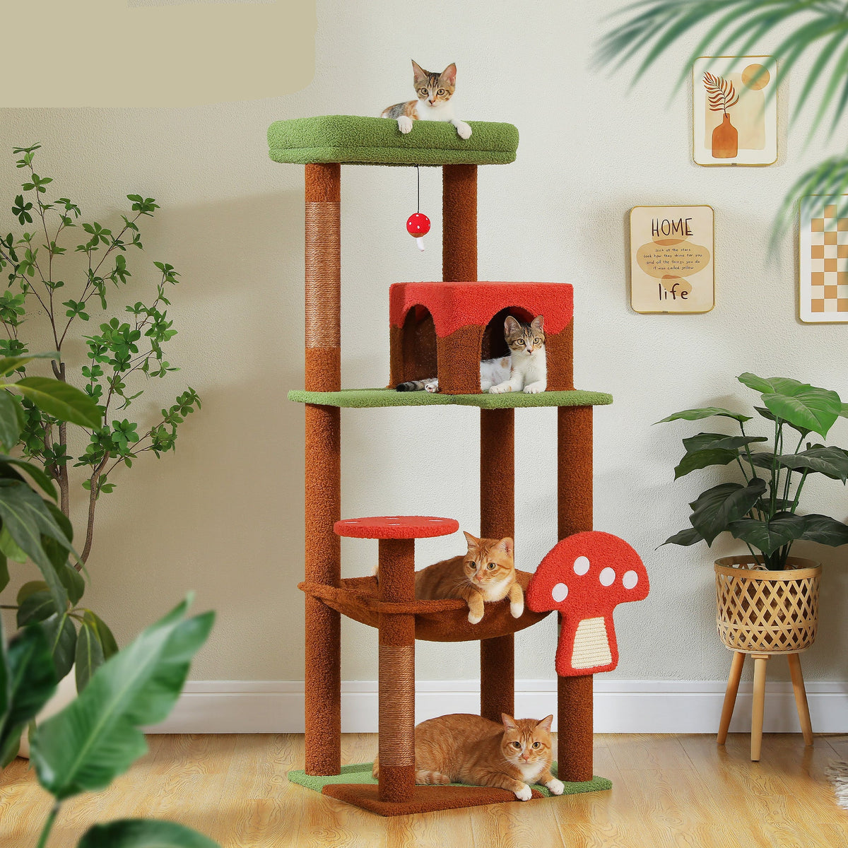 143 cm Tall Cat Tree with 4 Sisal Scratching Posts, Two-Door Cat Cave, Hammock & Washable Top Bed