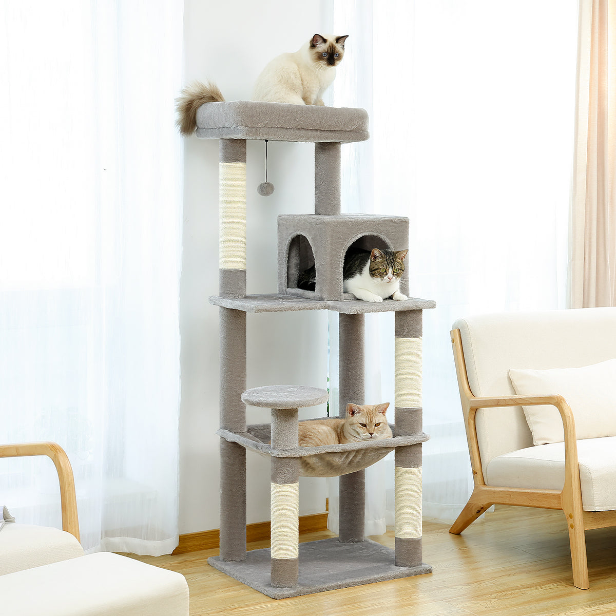 143 cm Tall Cat Tree with 4 Sisal Scratching Posts, Two-Door Cat Cave, Hammock & Washable Top Bed