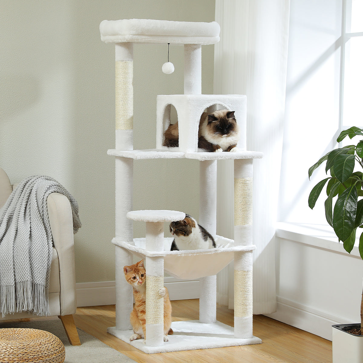 143 cm Tall Cat Tree with 4 Sisal Scratching Posts, Two-Door Cat Cave, Hammock & Washable Top Bed