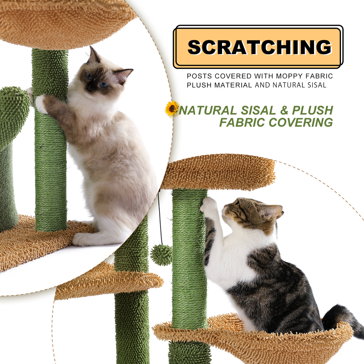 90.5 cm Cactus Cat Tree with Sisal Scratching Posts, Cat Cave, Hammocks & Dangling Toy