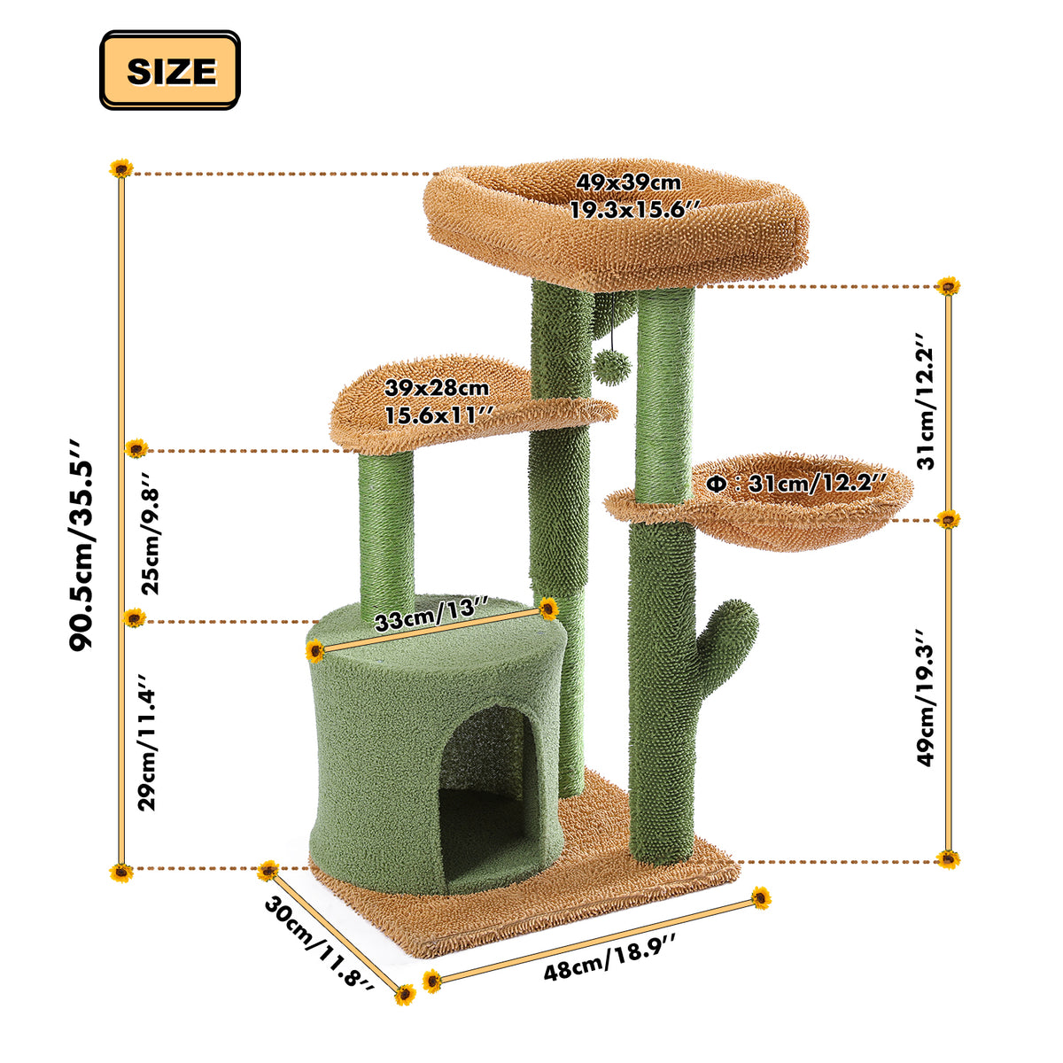 90.5 cm Cactus Cat Tree with Sisal Scratching Posts, Cat Cave, Hammocks & Dangling Toy