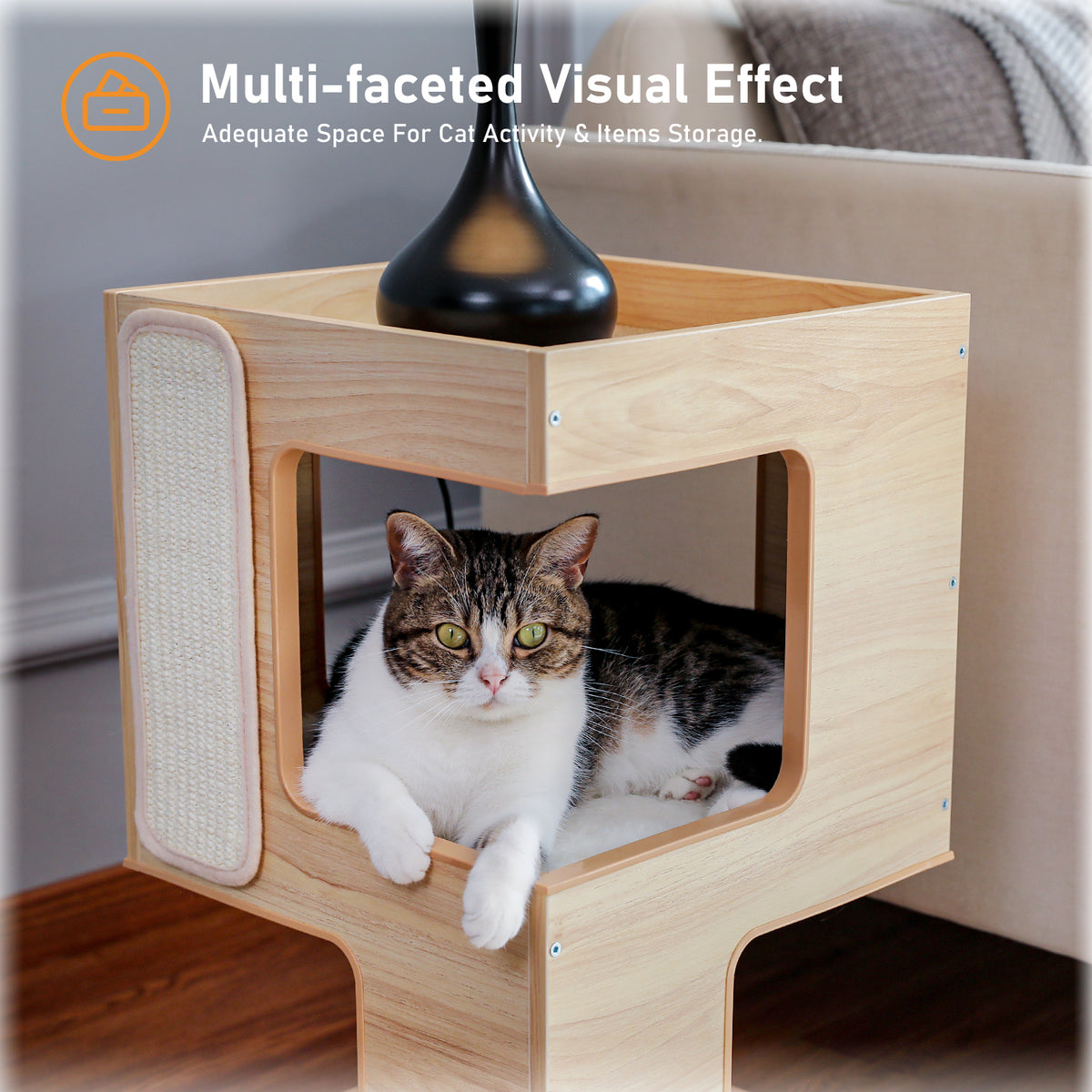 3-Tier Wooden Cat House Side Table with Scratch Pad, Washable Cushions & Spring Mouse Toy