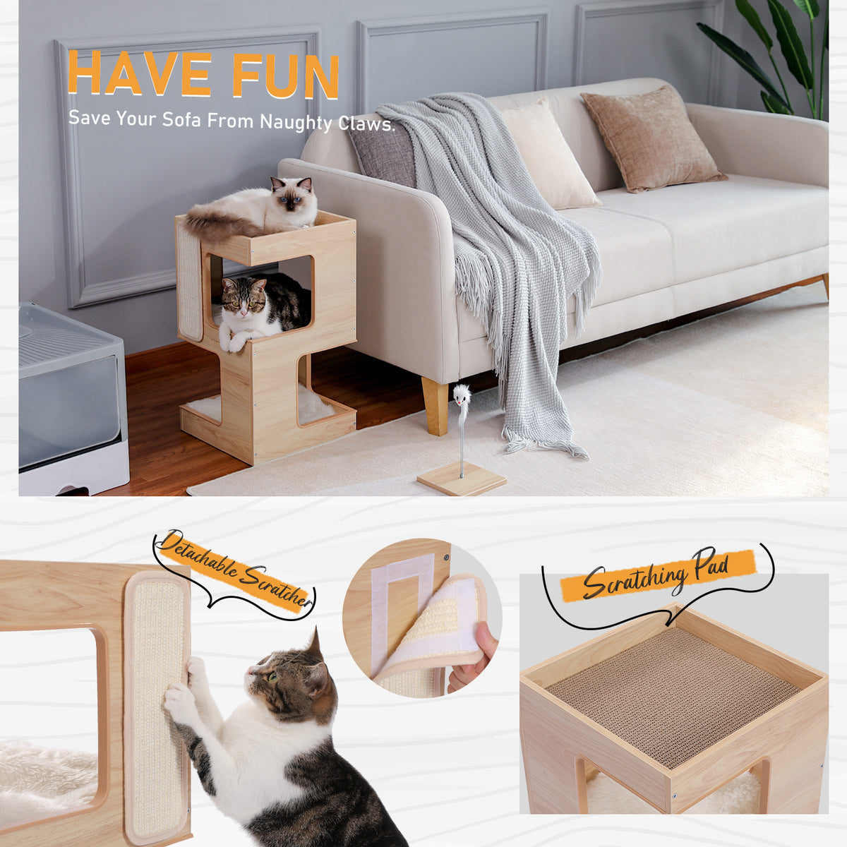 3-Tier Wooden Cat House Side Table with Scratch Pad, Washable Cushions & Spring Mouse Toy