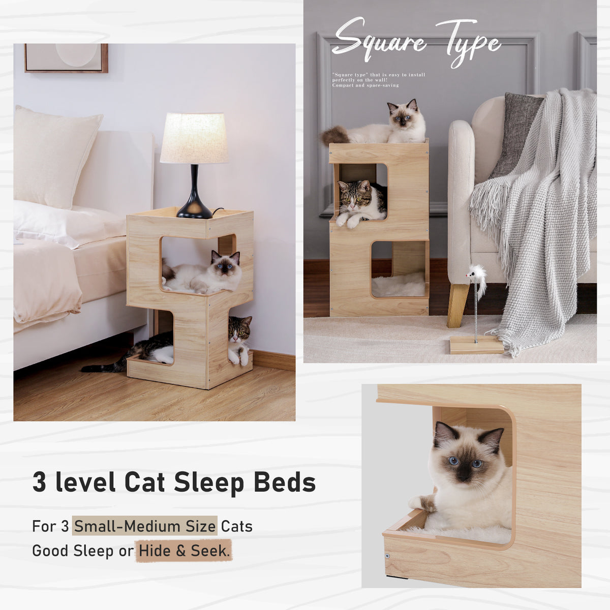 3-Tier Wooden Cat House Side Table with Scratch Pad, Washable Cushions & Spring Mouse Toy