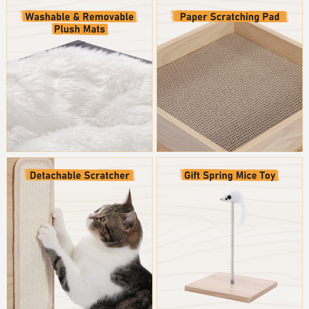3-Tier Wooden Cat House Side Table with Scratch Pad, Washable Cushions & Spring Mouse Toy