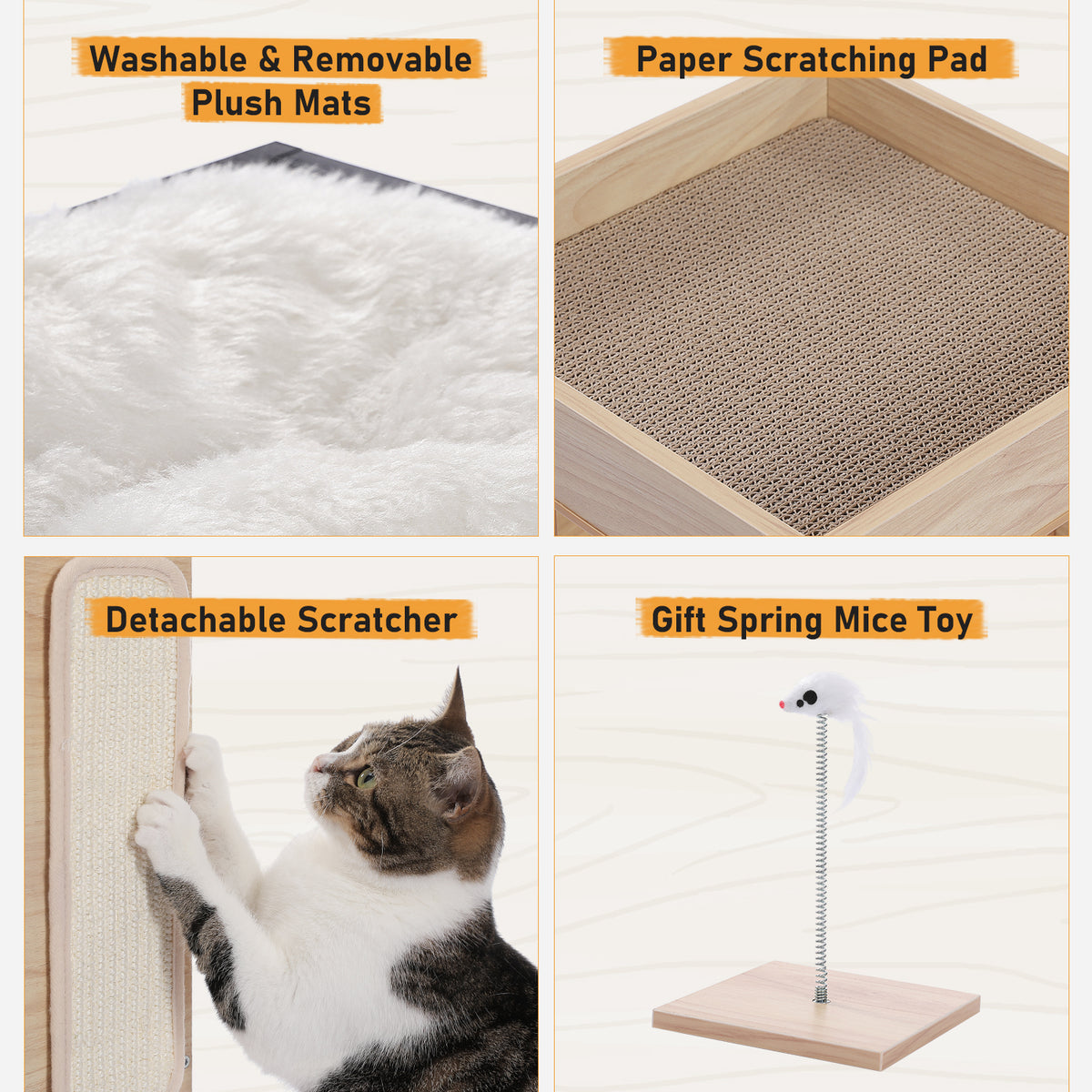 3-Tier Wooden Cat House Side Table with Scratch Pad, Washable Cushions & Spring Mouse Toy