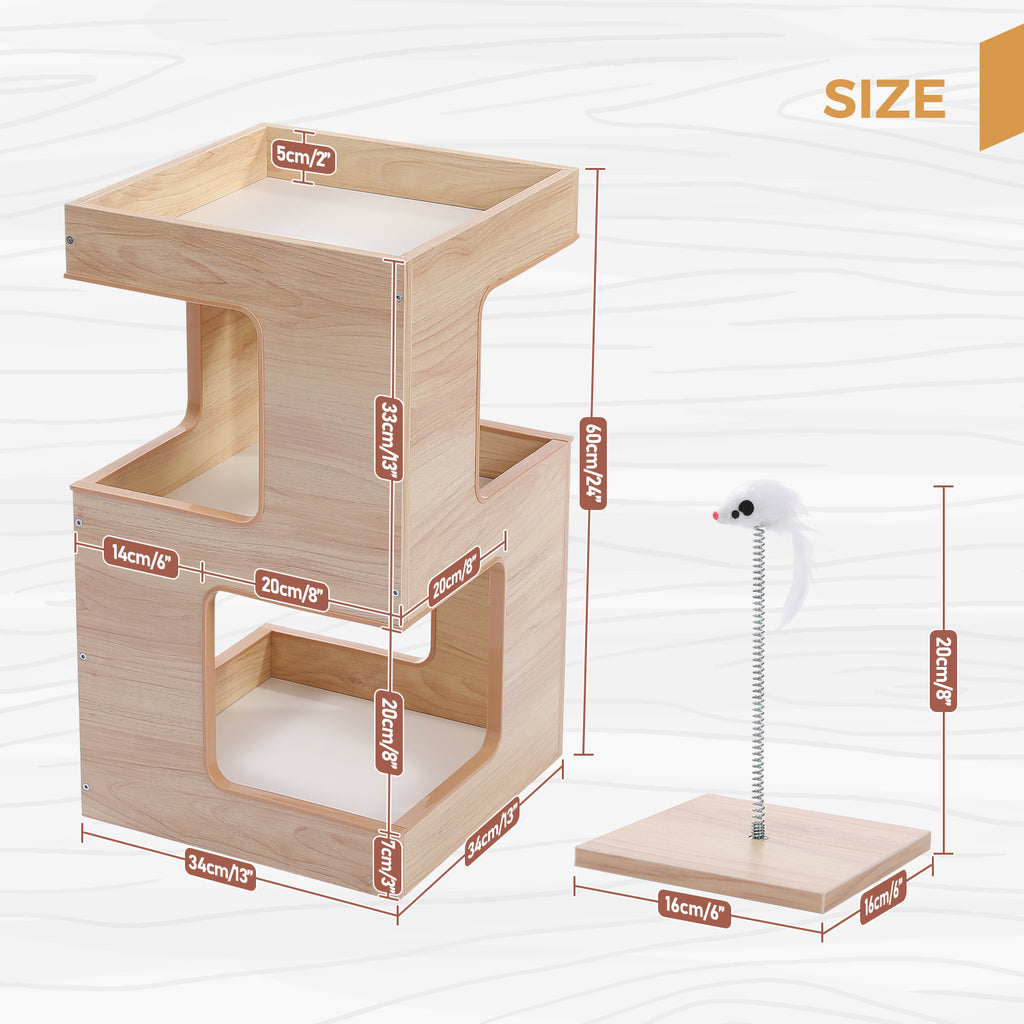 3-Tier Wooden Cat House Side Table with Scratch Pad, Washable Cushions & Spring Mouse Toy