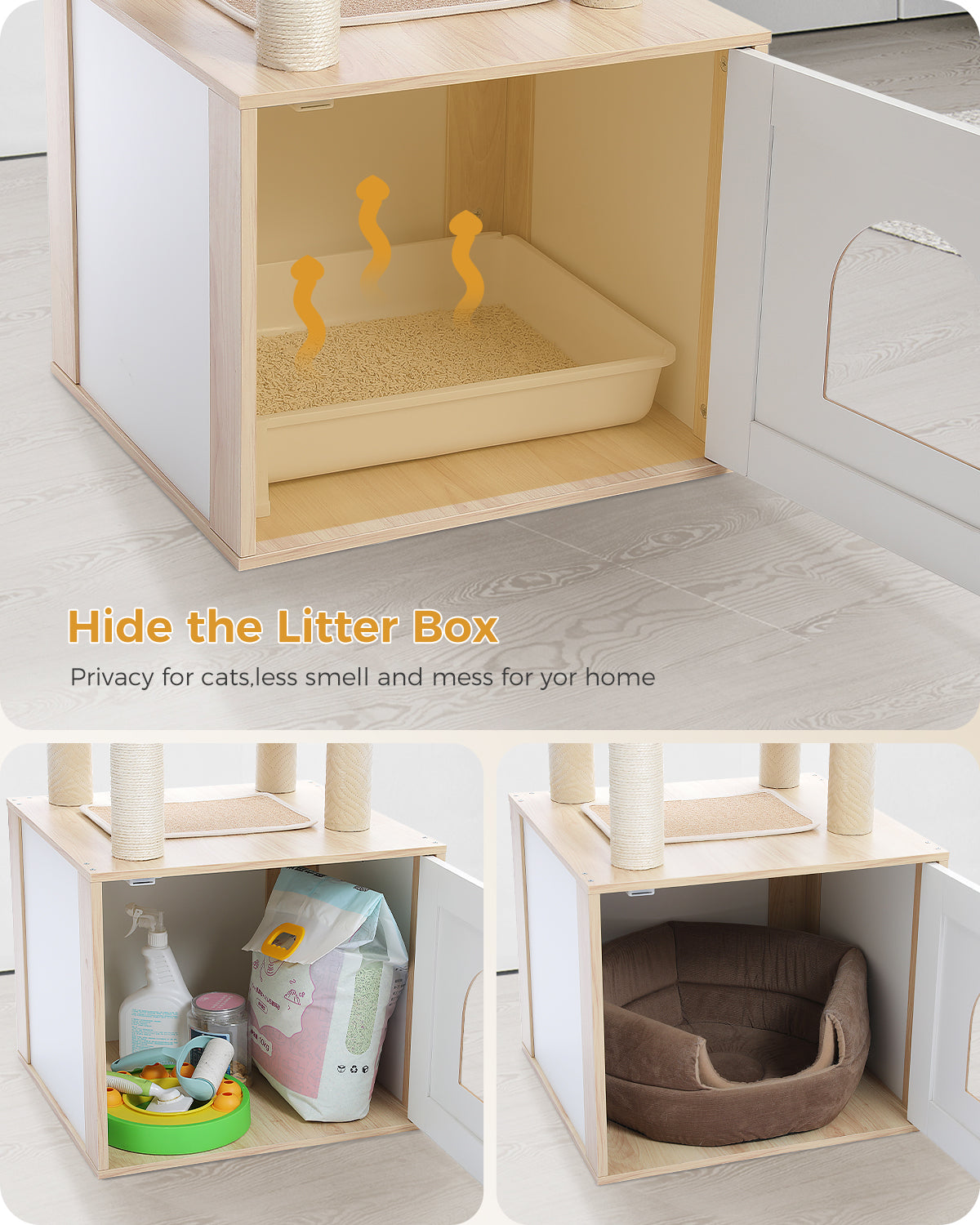 146 cm Cat Tree with Hidden Litter Tray Cabinet, Cat Condo, Hammock & Sisal Scratch Posts