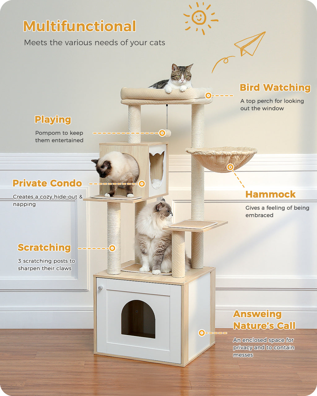 146 cm Cat Tree with Hidden Litter Tray Cabinet, Cat Condo, Hammock & Sisal Scratch Posts