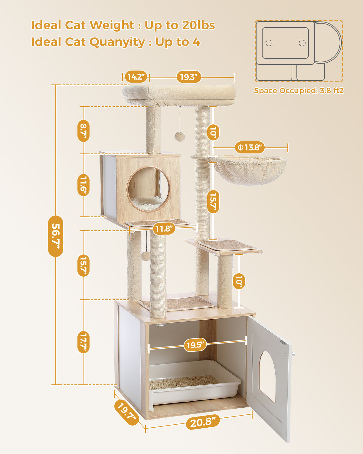 146 cm Cat Tree with Hidden Litter Tray Cabinet, Cat Condo, Hammock & Sisal Scratch Posts