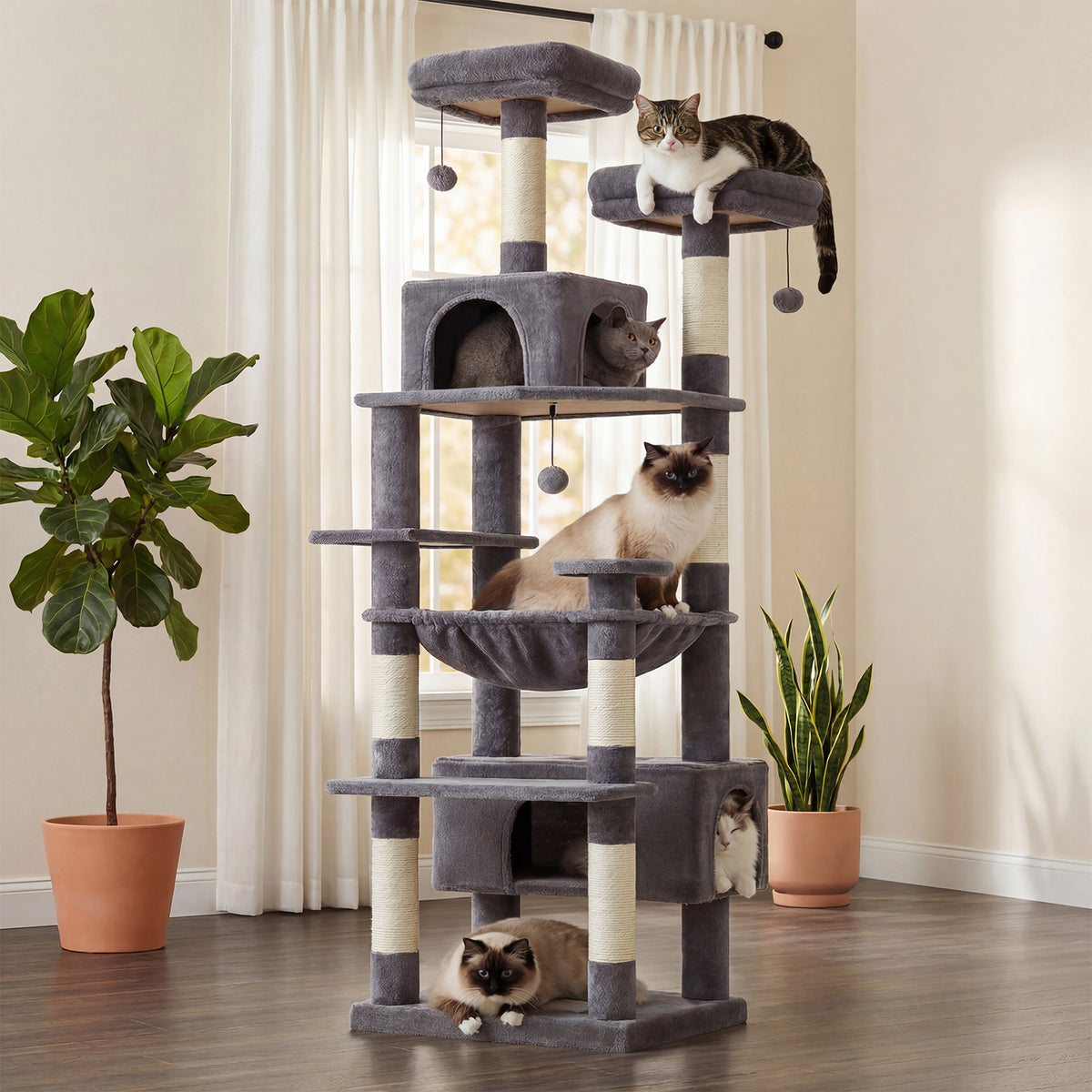 184 cm Floral Cat Tree with 3-Door Condo, XL Hammock, Sisal Scratch Posts & Flower Beds