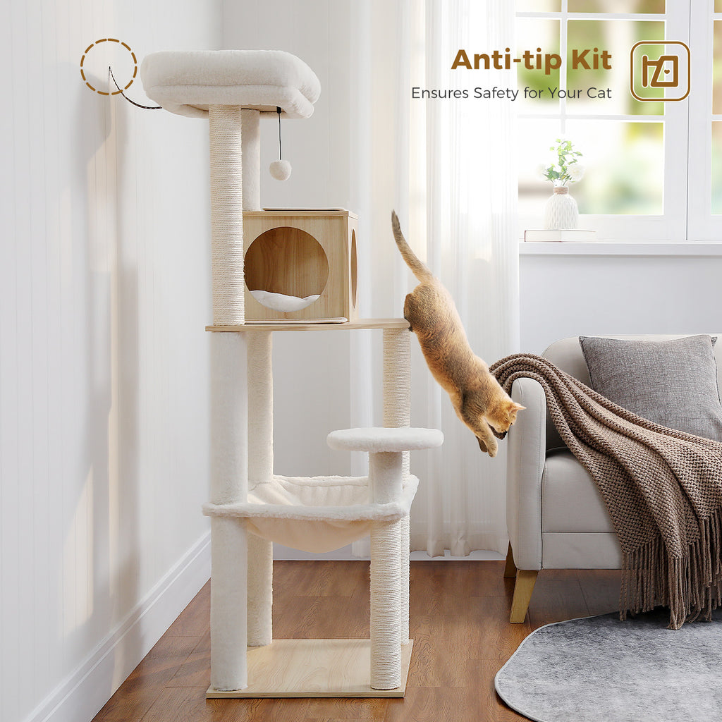 Large Multi-Level Cat Tree, 143 cm, with Wooden Condo, XL Hammock & Sisal Scratch Posts