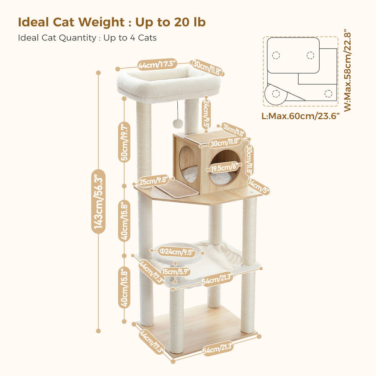 Large Multi-Level Cat Tree, 143 cm, with Wooden Condo, XL Hammock & Sisal Scratch Posts