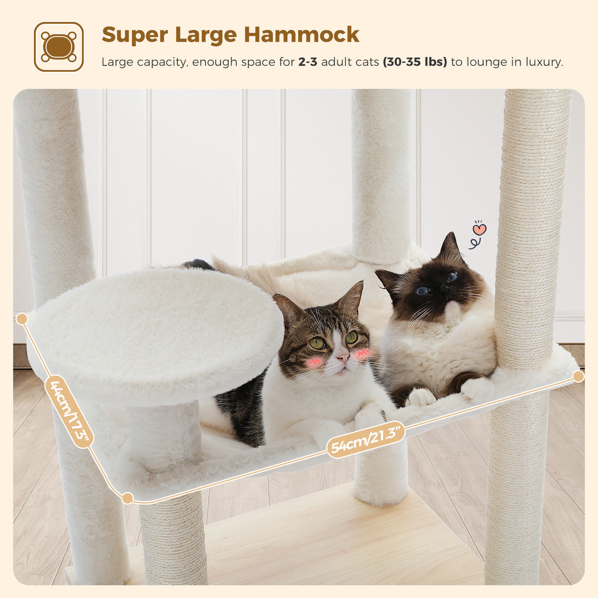 Large Multi-Level Cat Tree, 143 cm, with Wooden Condo, XL Hammock & Sisal Scratch Posts