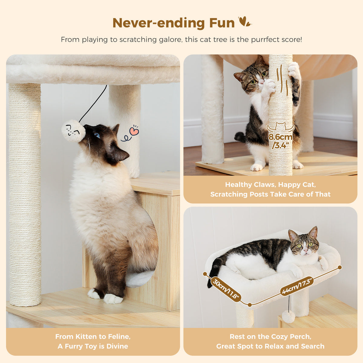 Large Multi-Level Cat Tree, 143 cm, with Wooden Condo, XL Hammock & Sisal Scratch Posts