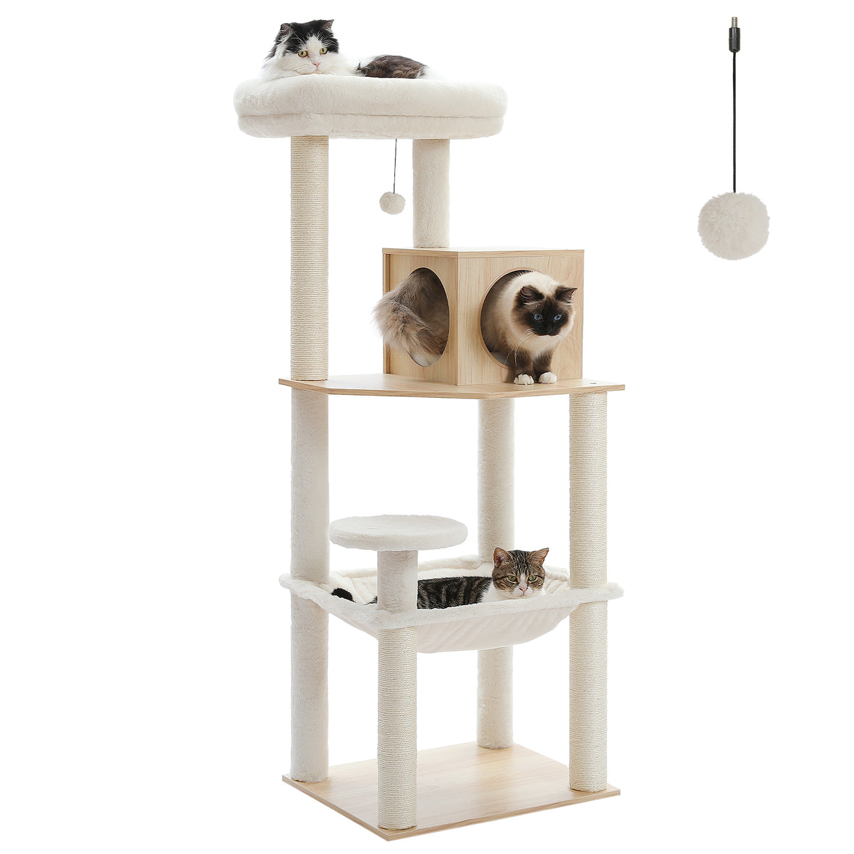 Large Multi-Level Cat Tree, 143 cm, with Wooden Condo, XL Hammock & Sisal Scratch Posts