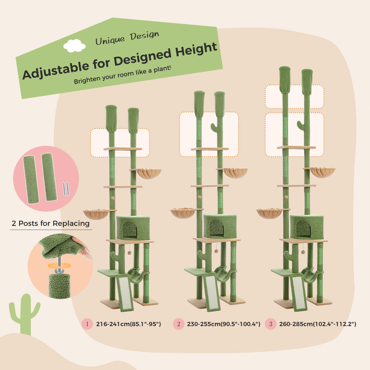 Floor-to-Ceiling Adjustable Cat Tree, 216–285 cm, with Scratching Posts, Hammocks & Cat Condo – Pink/Green
