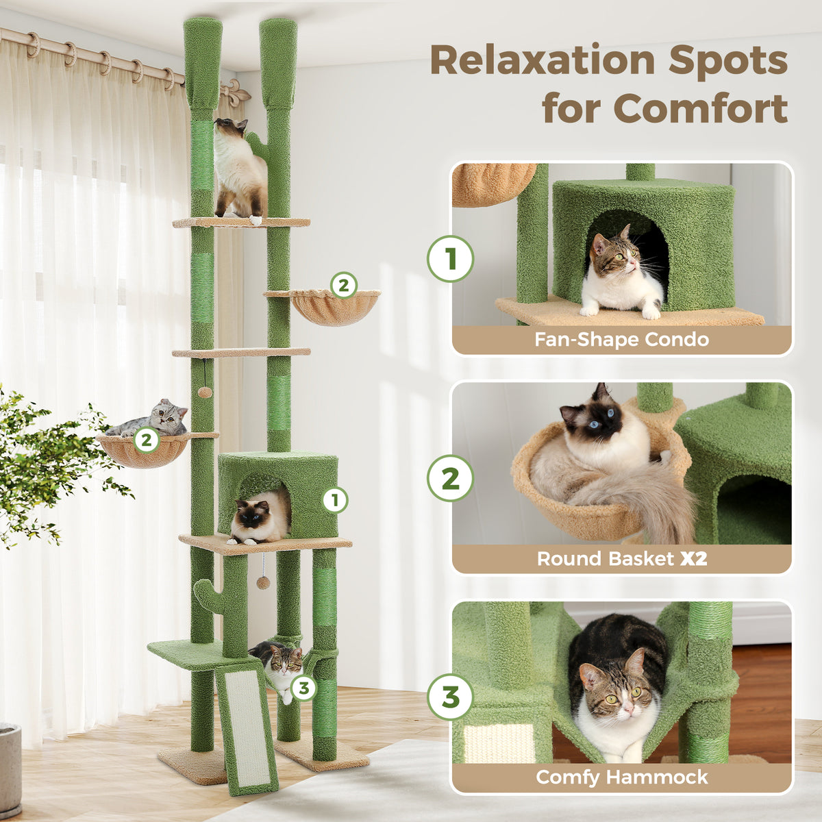 Floor-to-Ceiling Adjustable Cat Tree, 216–285 cm, with Scratching Posts, Hammocks & Cat Condo – Pink/Green