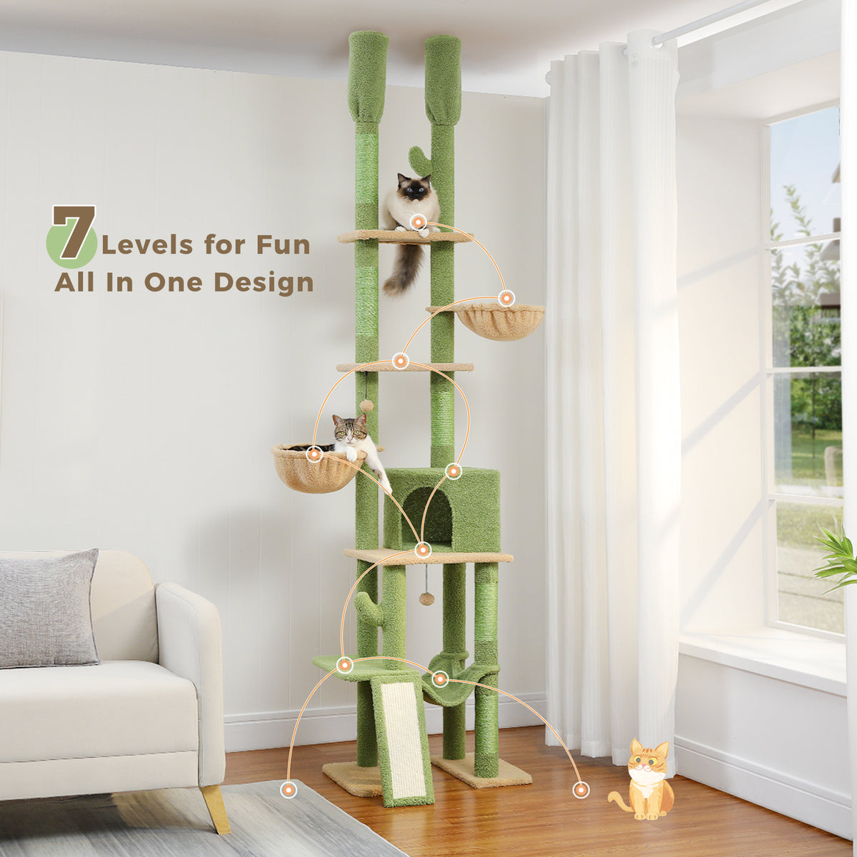 Floor-to-Ceiling Adjustable Cat Tree, 216–285 cm, with Scratching Posts, Hammocks & Cat Condo – Pink/Green