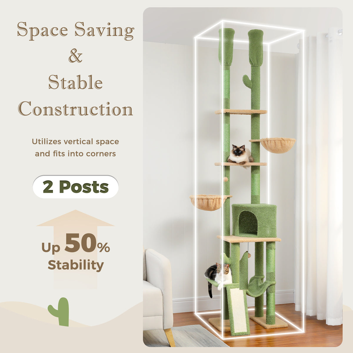 Floor-to-Ceiling Adjustable Cat Tree, 216–285 cm, with Scratching Posts, Hammocks & Cat Condo – Pink/Green