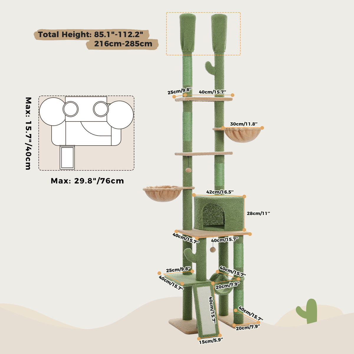 Floor-to-Ceiling Adjustable Cat Tree, 216–285 cm, with Scratching Posts, Hammocks & Cat Condo – Pink/Green