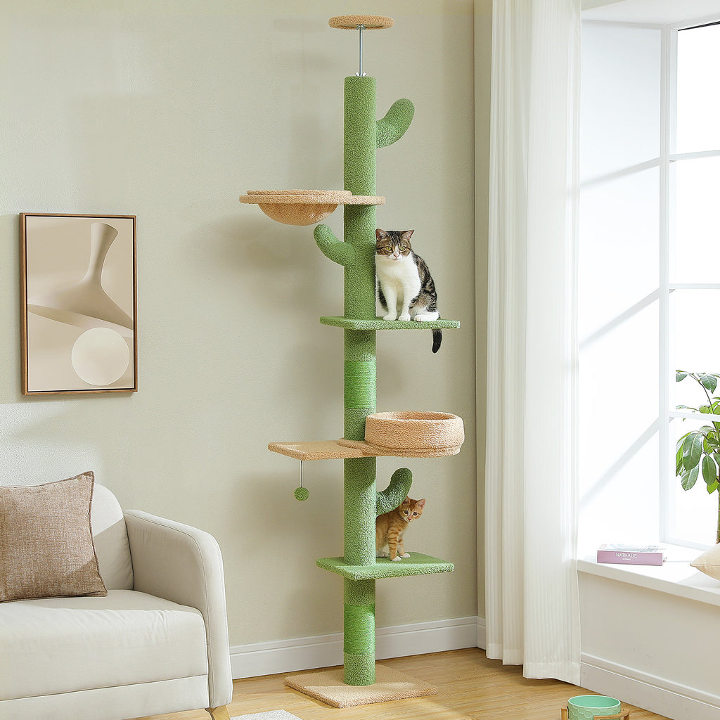Cactus Floor-to-Ceiling Cat Tree, 205–255 cm Adjustable Cat Tower with Sisal Scratching Post, 2 Beds & Platforms