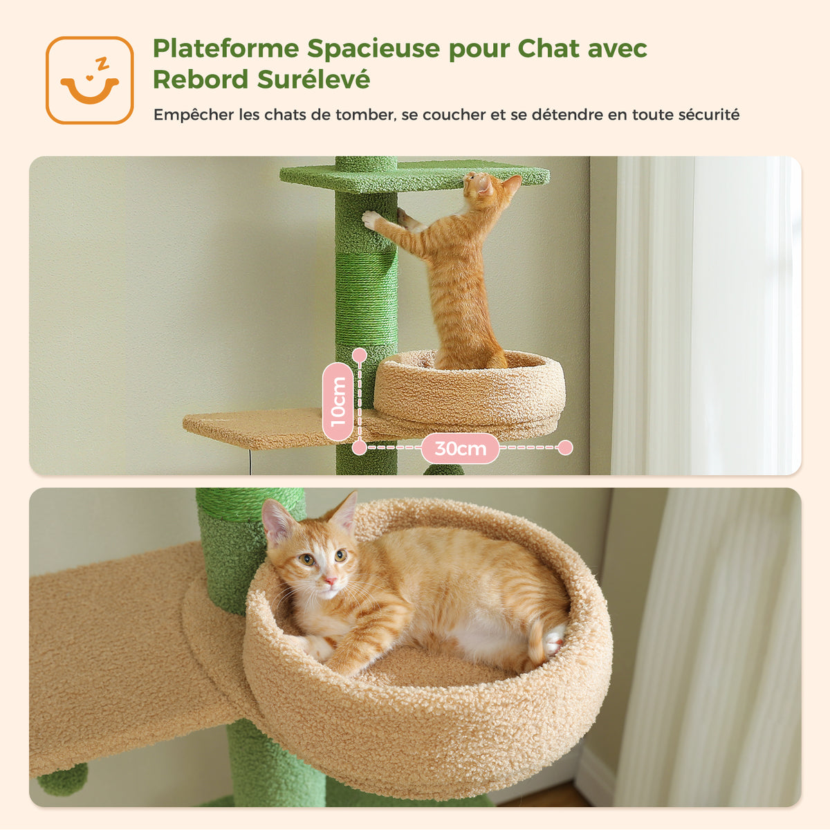 Cactus Floor-to-Ceiling Cat Tree, 205–255 cm Adjustable Cat Tower with Sisal Scratching Post, 2 Beds & Platforms