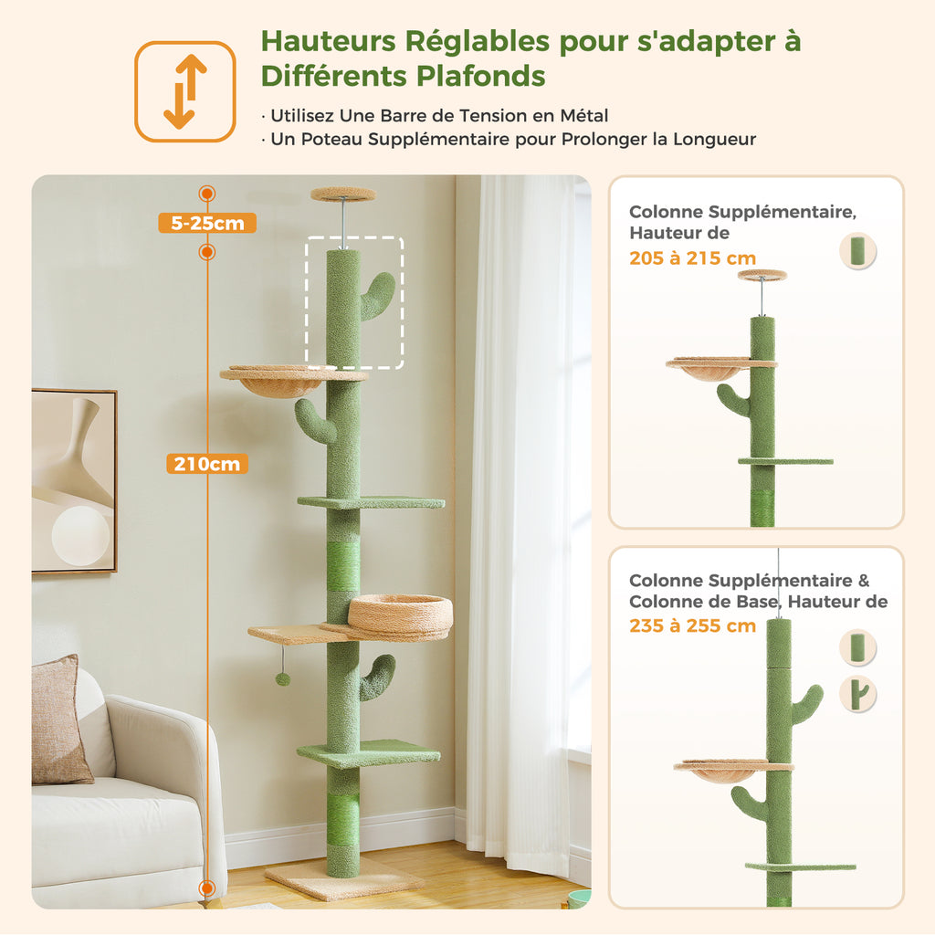 Cactus Floor-to-Ceiling Cat Tree, 205–255 cm Adjustable Cat Tower with Sisal Scratching Post, 2 Beds & Platforms