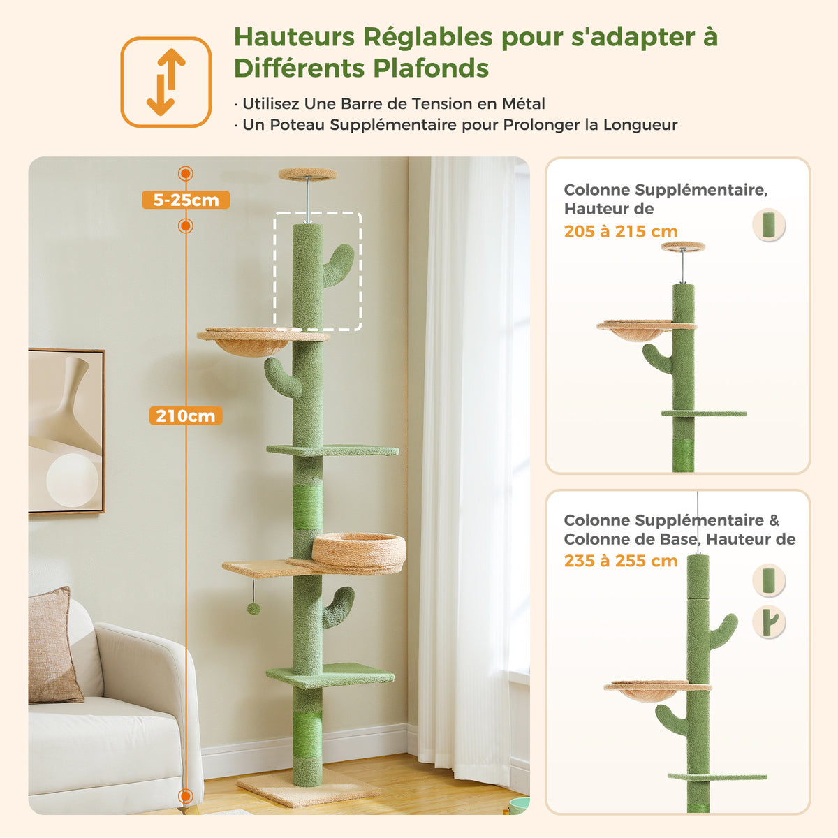 Cactus Floor-to-Ceiling Cat Tree, 205–255 cm Adjustable Cat Tower with Sisal Scratching Post, 2 Beds & Platforms