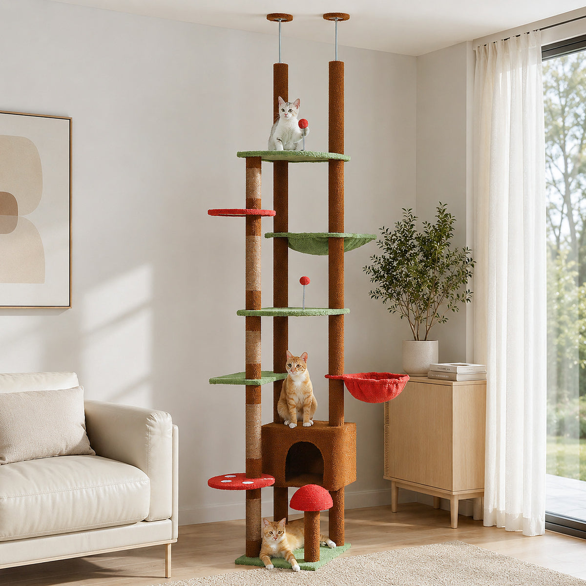 Floor-to-Ceiling Cat Tree, 230–252 cm Adjustable Cat Tower with 5 Sisal Scratching Posts, Hammock, Condo & Climbing Platforms