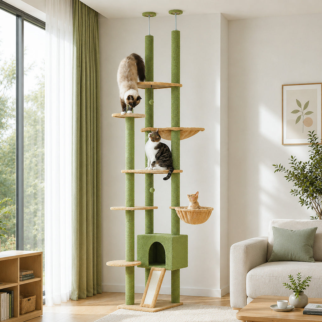 Floor-to-Ceiling Cat Tree, 230–252 cm Adjustable Cat Tower with 5 Sisal Scratching Posts, Hammock, Condo & Climbing Platforms