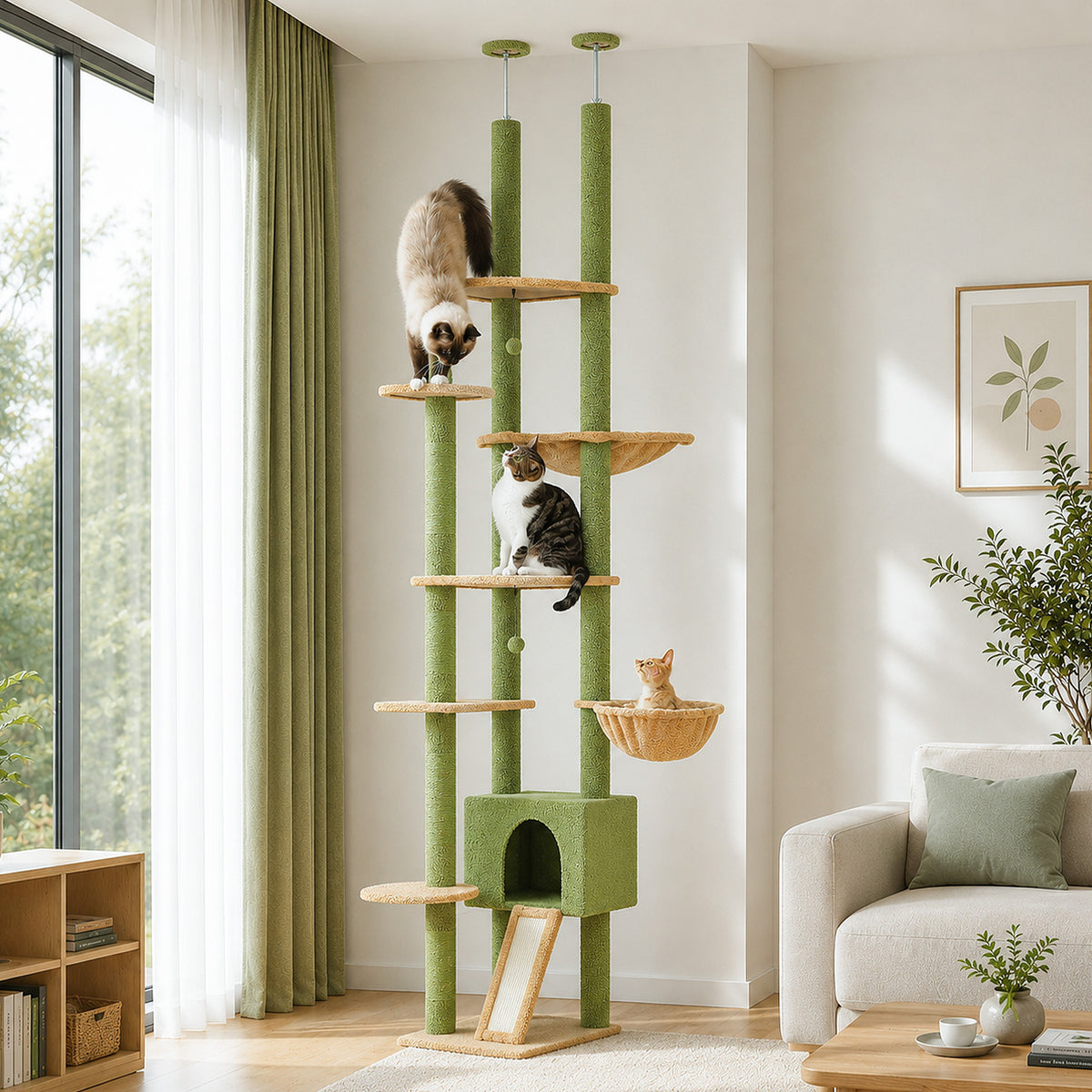 Floor-to-Ceiling Cat Tree, 230–252 cm Adjustable Cat Tower with 5 Sisal Scratching Posts, Hammock, Condo & Climbing Platforms