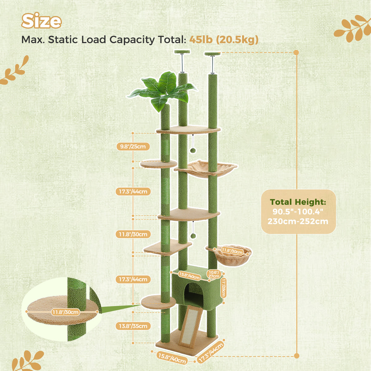 Floor-to-Ceiling Cat Tree, 230–252 cm Adjustable Cat Tower with 5 Sisal Scratching Posts, Hammock, Condo & Climbing Platforms
