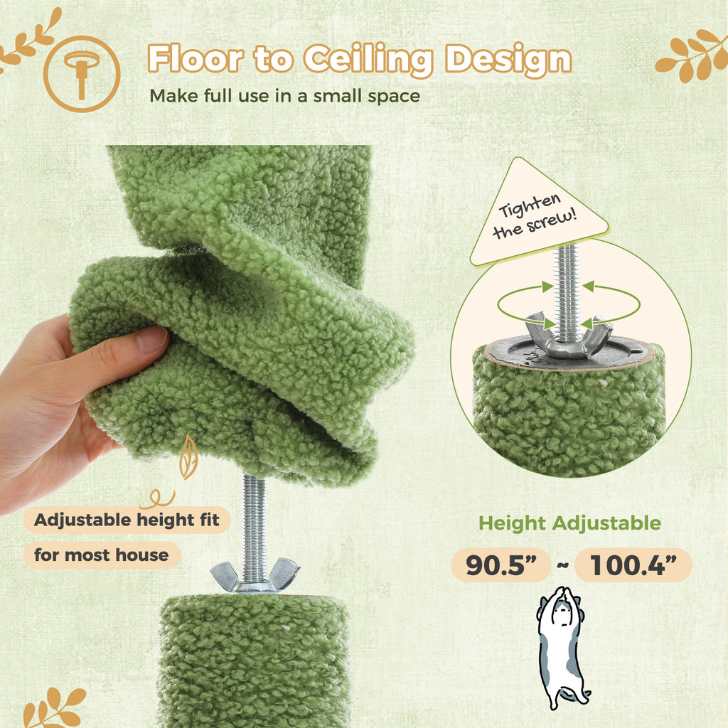 Floor-to-Ceiling Cat Tree, 230–252 cm Adjustable Cat Tower with 5 Sisal Scratching Posts, Hammock, Condo & Climbing Platforms