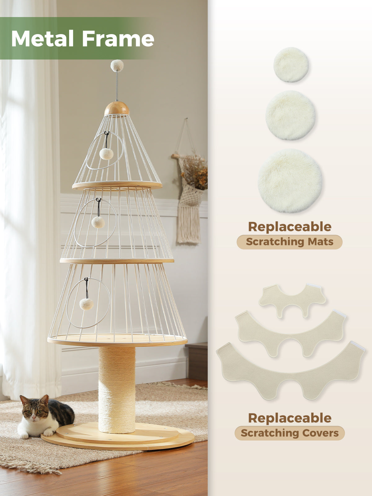 130 cm Christmas Tree Cat Tower with 3 Plush Platforms, Metal Frame, Scratching Post & Replaceable Covers – Cream White